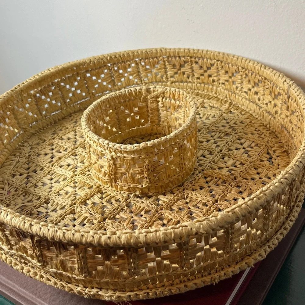 Vintage MCM‎ Woven Straw Chip and Dip Basket Serving Tray 1960's Retro Natural
